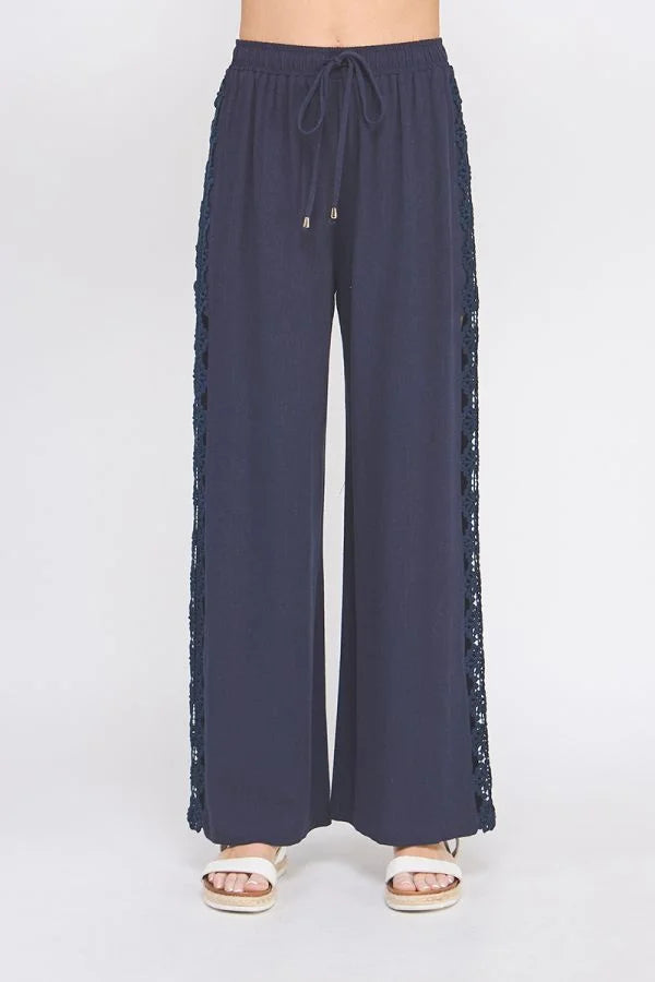 Navy blue linen blend elastic tie-waist wide leg pants with lace trim for elegant style