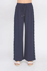 Navy blue linen blend elastic tie-waist wide leg pants with lace trim for elegant style