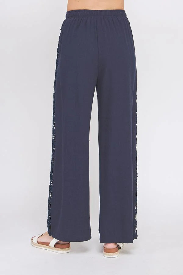 Navy blue linen blend elastic tie-waist wide leg pants for a sophisticated look
