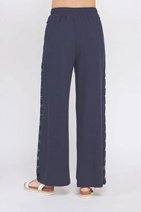 Navy blue linen blend elastic tie-waist wide leg pants for a sophisticated look