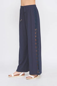 Navy blue linen blend elastic wide leg pants with lace detail for a sophisticated look