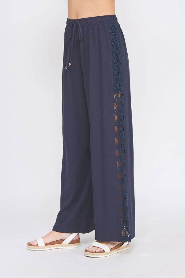 Navy blue linen blend elastic wide leg pants with lace detail for a sophisticated look
