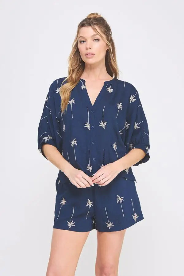 Navy palm tree print shorts set in women’s boho chic clothing from Shop Daisy