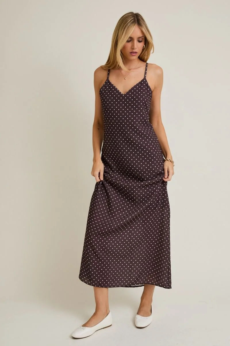 Navy polka dot sweetheart neck strap maxi dress with V-neckline