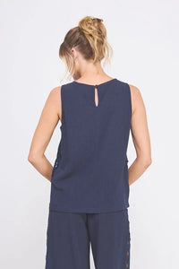 Navy linen blend relaxed tunic tank top with sleeveless design and keyhole back