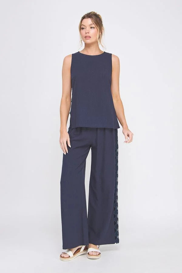 Navy sleeveless top with linen blend elastic wide leg pants set for stylish comfort