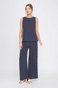 Navy sleeveless top with linen blend elastic wide leg pants set for stylish comfort