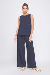Navy linen blend relaxed tunic tank top with wide-leg pants set for casual style