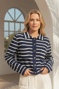 Navy and white collared striped button up knit cardigan sweater