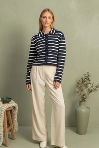 Navy white collared striped button up knit cardigan sweater