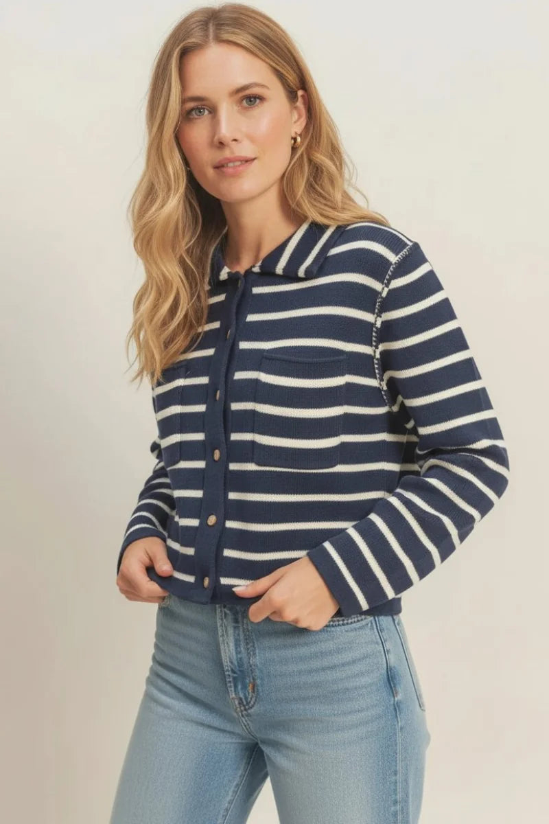 Collared striped button up navy white knit cardigan