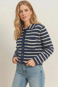 Collared striped button up navy white knit cardigan