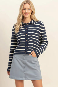 Collared striped button up navy and white long-sleeved cardigan