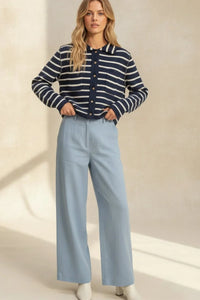 Navy and white collared striped button up casual sweater shirt