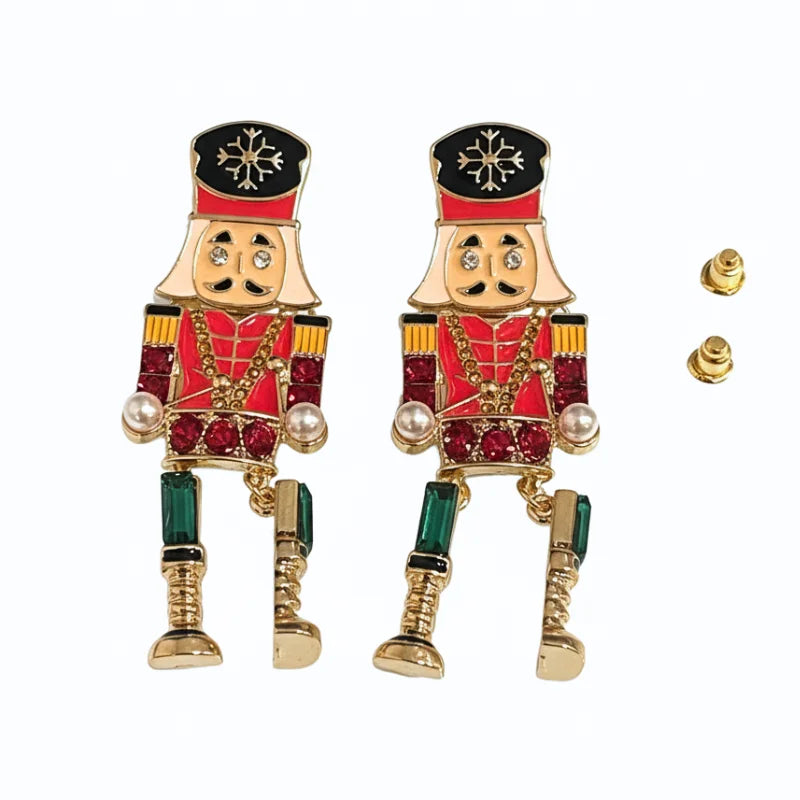Festive Jeweled Nutcracker Dangle Earrings with Red, Green, Gold Accents