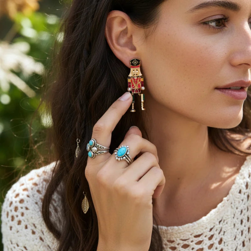 Jeweled Nutcracker Dangle Earrings with Red Gold Accents