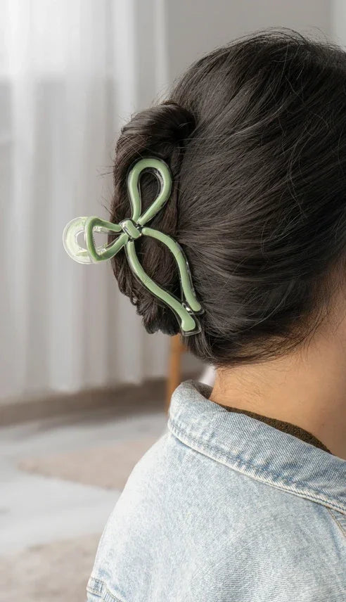 Olive green Crush Very Demure bow hair clip with pearl accents