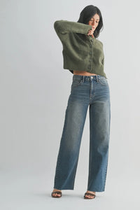 Olive green corduroy cropped cardigan with tall scissor cut wide leg denim