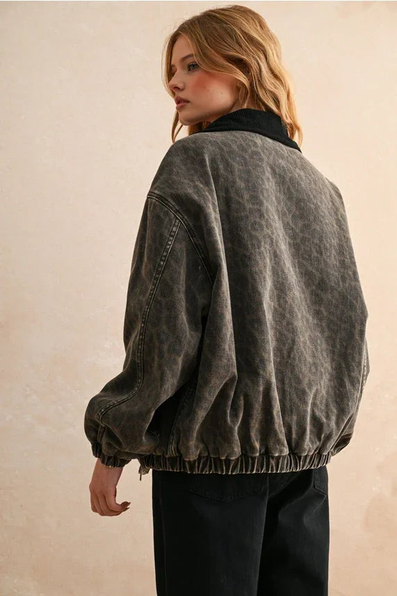 Leopard printed bomber jacket in olive green corduroy with elastic cuffs