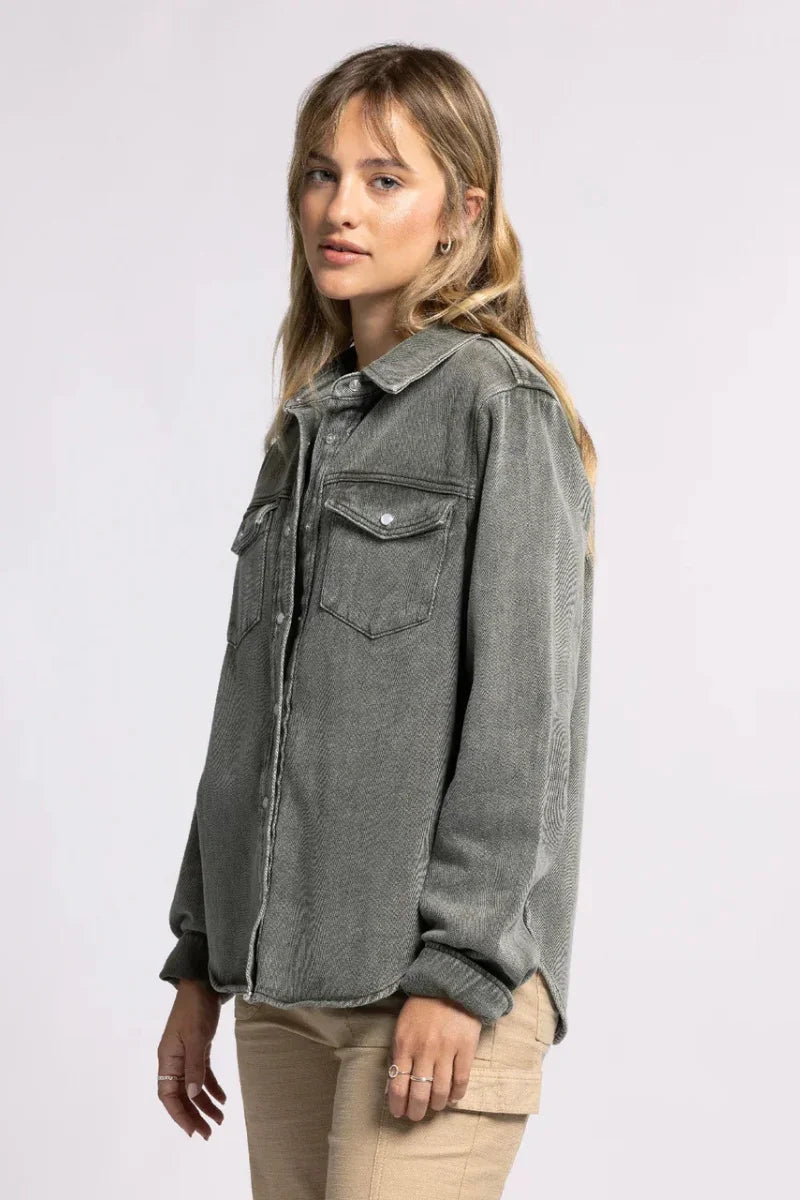 Olive green Thread and Supply Pippin Jacket with button closure and patch pockets