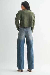 Olive green ribbed knit cropped sweater with tall scissor cut wide leg denim