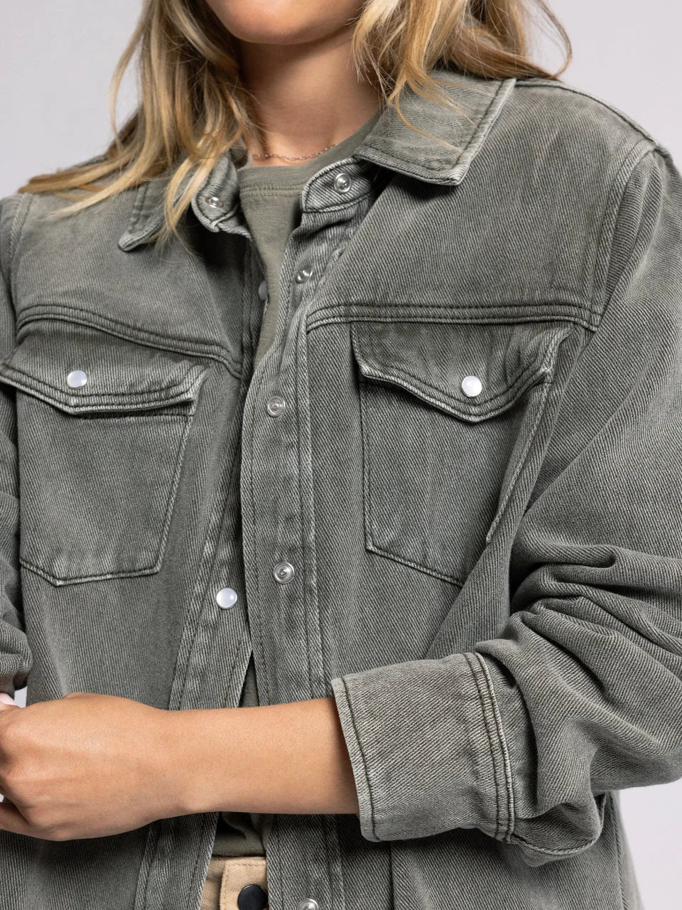 Olive green Thread and Supply Pippin Jacket with button-down closure and patch pockets