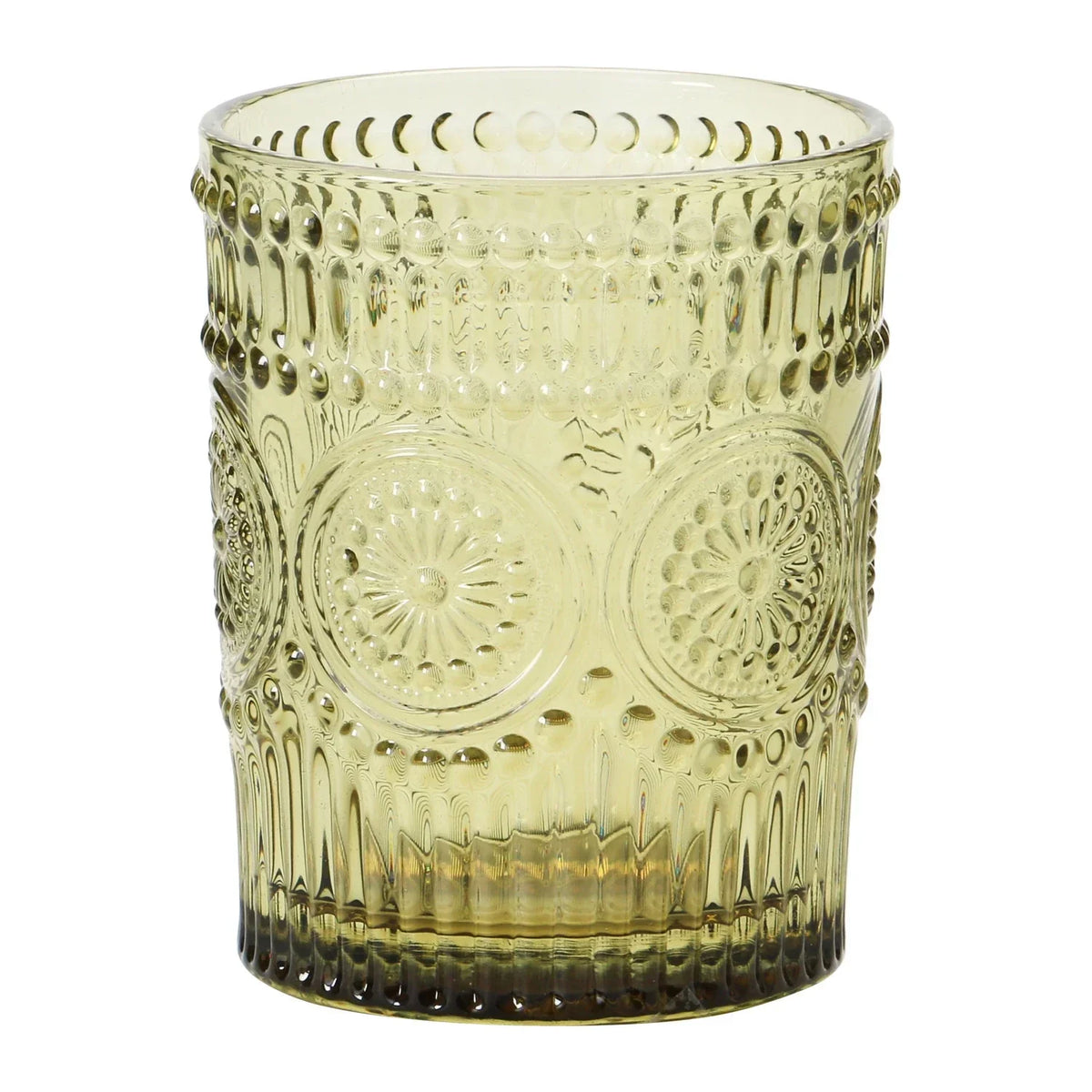 Olive green embossed drinking glass with decorative pattern for EMBOSSED DRINKING GLASS 12OZ