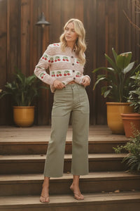 Olive green Nautical high-rise wide leg denim pants with texture