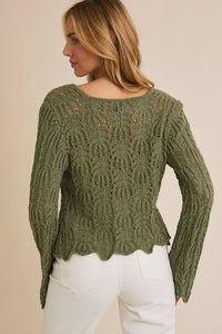 Olive green open knit cardigan with tie bell sleeves from FRONT TIE BELL SLEEVE OPEN KNIT CARDIGAN