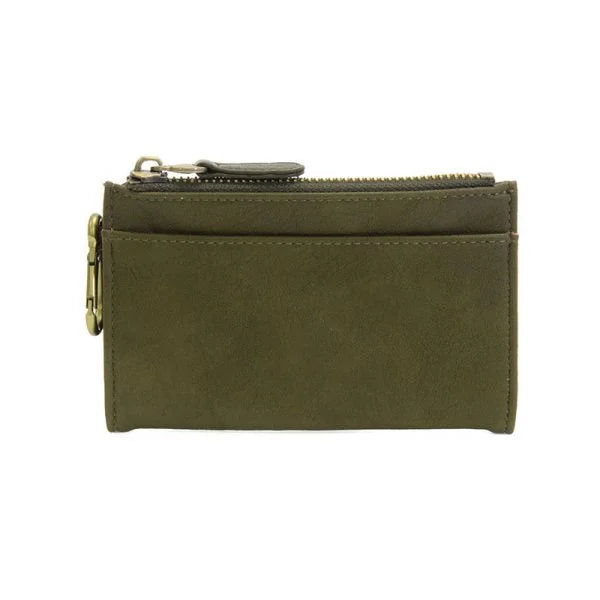 Olive green vegan leather Bobbie Bifold Wallet with slide pocket and logo zip pull