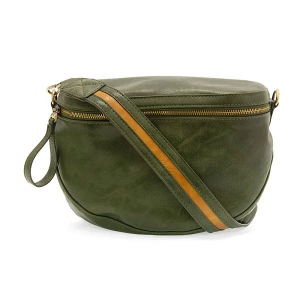 Olive green leather strap sling belt bag with gold zipper and tan accent stripe