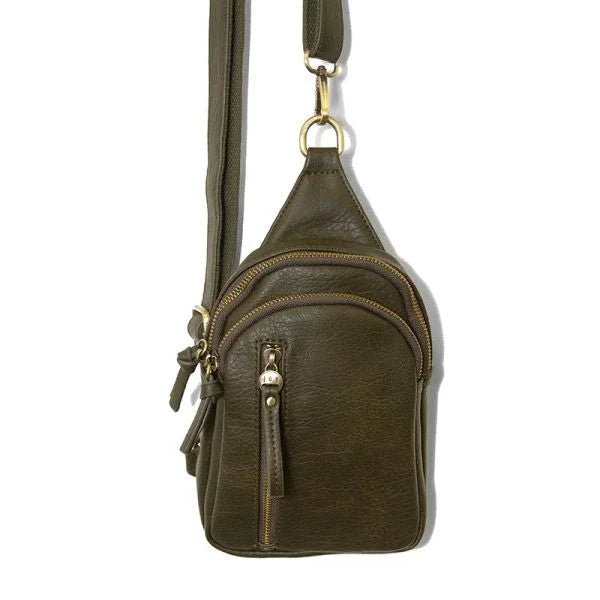 Olive green SKYLER SLING BAG with zippered compartments and shoulder strap