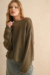 Olive green light weight long sleeve knitted sweater displayed in LIGHT WEIGHT KNITTED SWEATER product