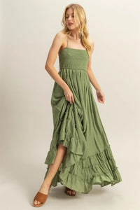 Olive green maxi dress with smocked bodice and tiered hem for elegant style