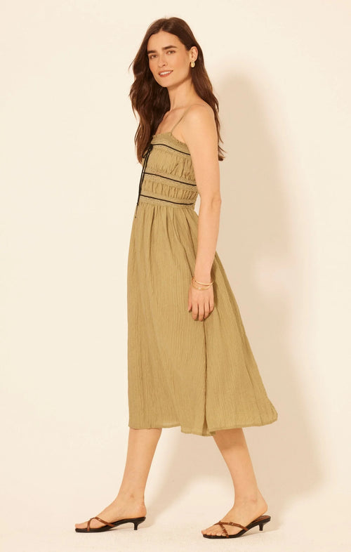 Olive green Emma Sleeveless Smocked Midi Dress with ruched bodice and thin straps