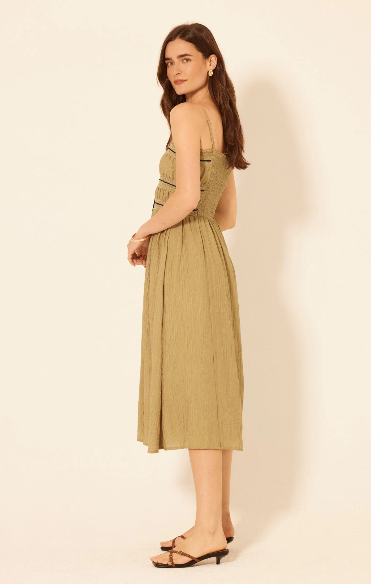 Olive green EMMA SLEEVELESS SMOCKED MIDI DRESS with thin straps and smocked bodice