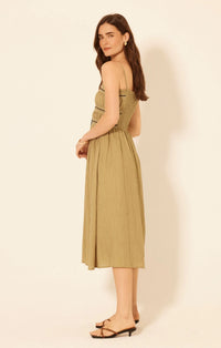 Olive green EMMA SLEEVELESS SMOCKED MIDI DRESS with thin straps and smocked bodice