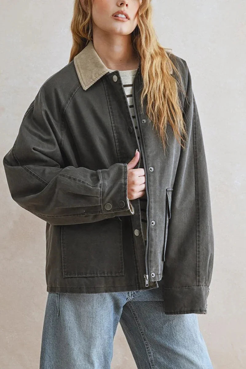 Olive green oversized collar contrasted utility jacket