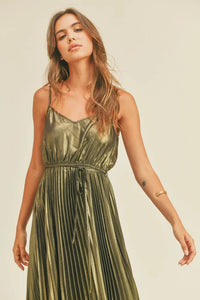 Olive green metallic pleated dress with spaghetti straps and gathered waist design