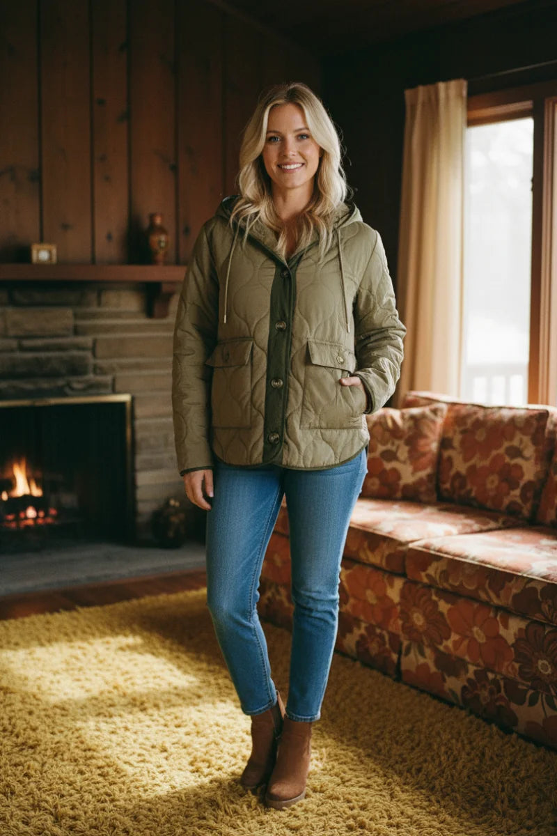 Olive green Thread and Supply Perry Jacket, quilted puffer with hood