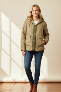 Olive green Thread and Supply Perry Jacket, quilted puffer with hood