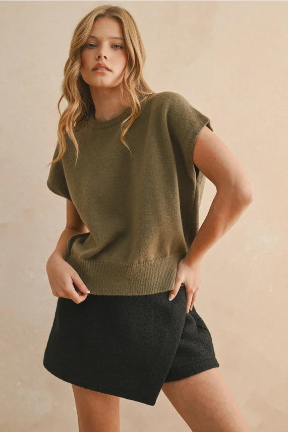 Olive green ribbed loose fit short sleeve sweater top