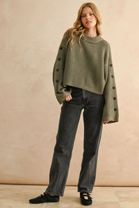 Olive green ribbed knit wide neck long sleeve sweater with bell sleeves and button details