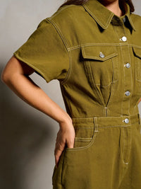 Olive green short-sleeved jumpsuit with pockets from Shop Daisy, ideal womens boho clothes