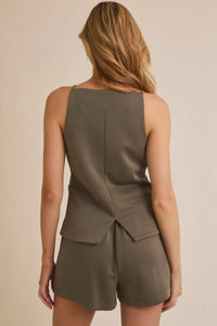 Olive green boat neck strap sleeveless top with neck strap button and matching shorts set