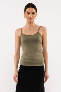 Olive green spaghetti strap tank top with black skirt from Shop Daisy women’s boho chic clothing