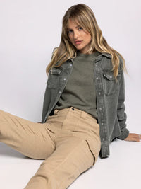 Thread and Supply Pippin Jacket with olive green t-shirt and khaki pants