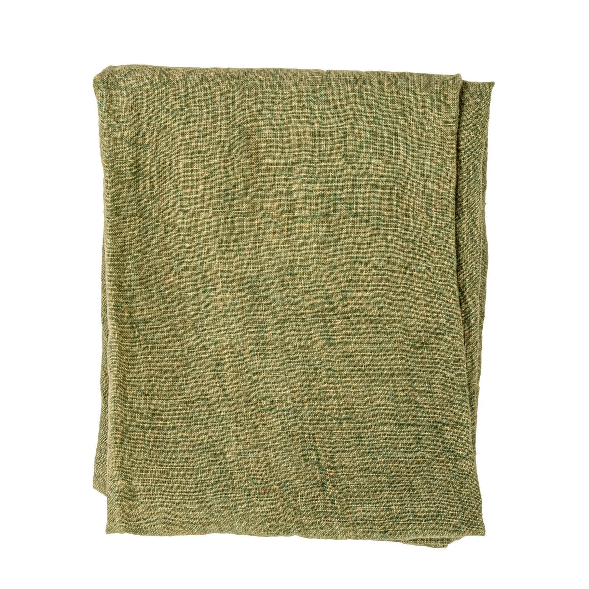 Olive green stonewashed linen tea towel folded, showcasing oversized fabric texture