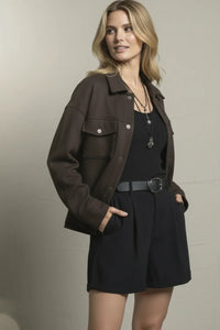 Olive green Abela Jacket with black buttons and boho chic pockets