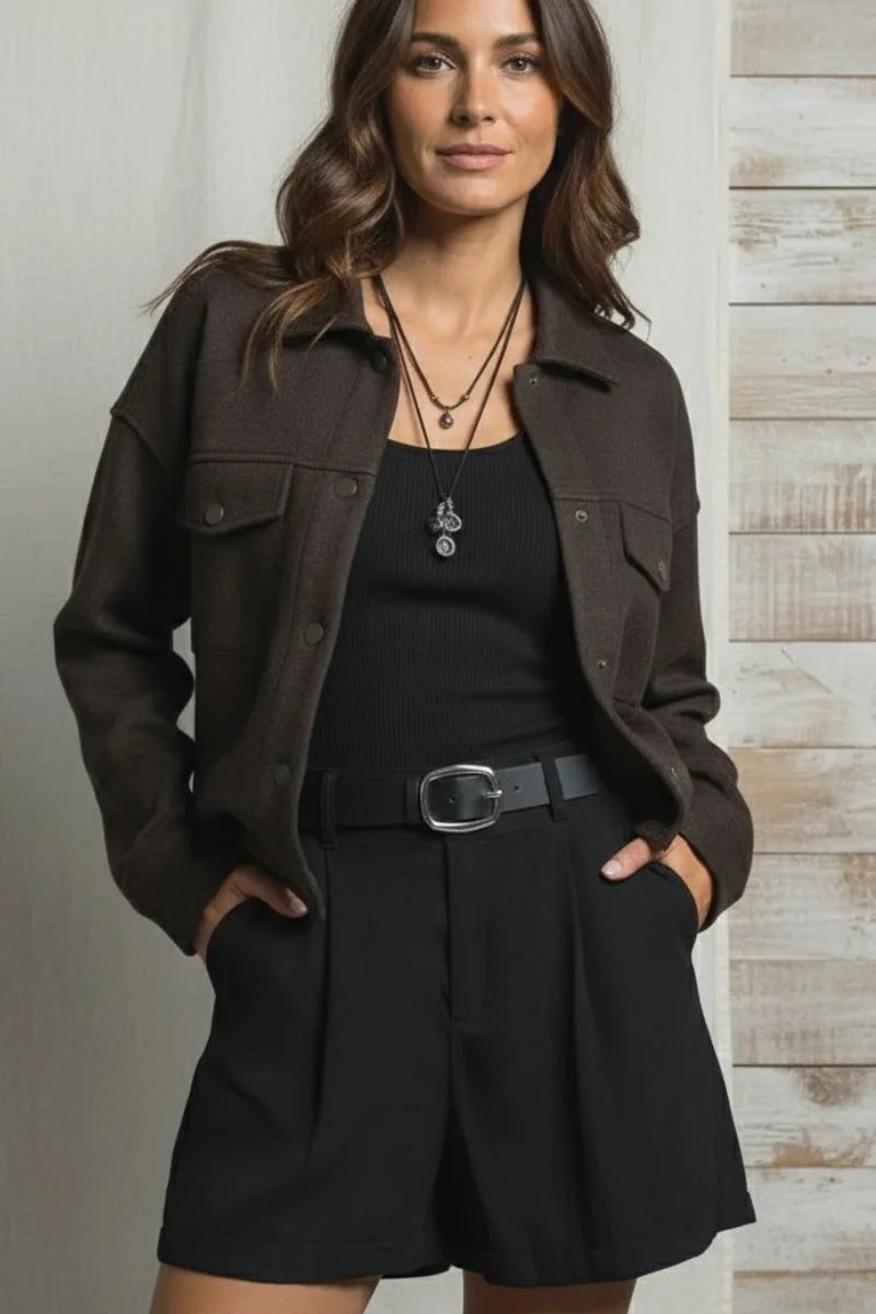 Olive green Abela Jacket with black trim, boho chic utility style